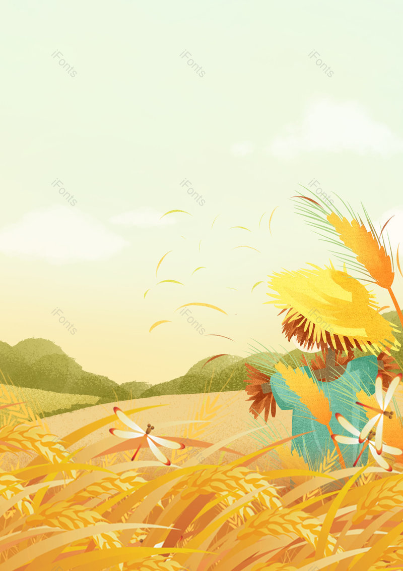 芒种节气金黄麦田丰收稻草人背景图,插画/手绘图,插画/手绘图库,插画/手绘图下载,插画/手绘